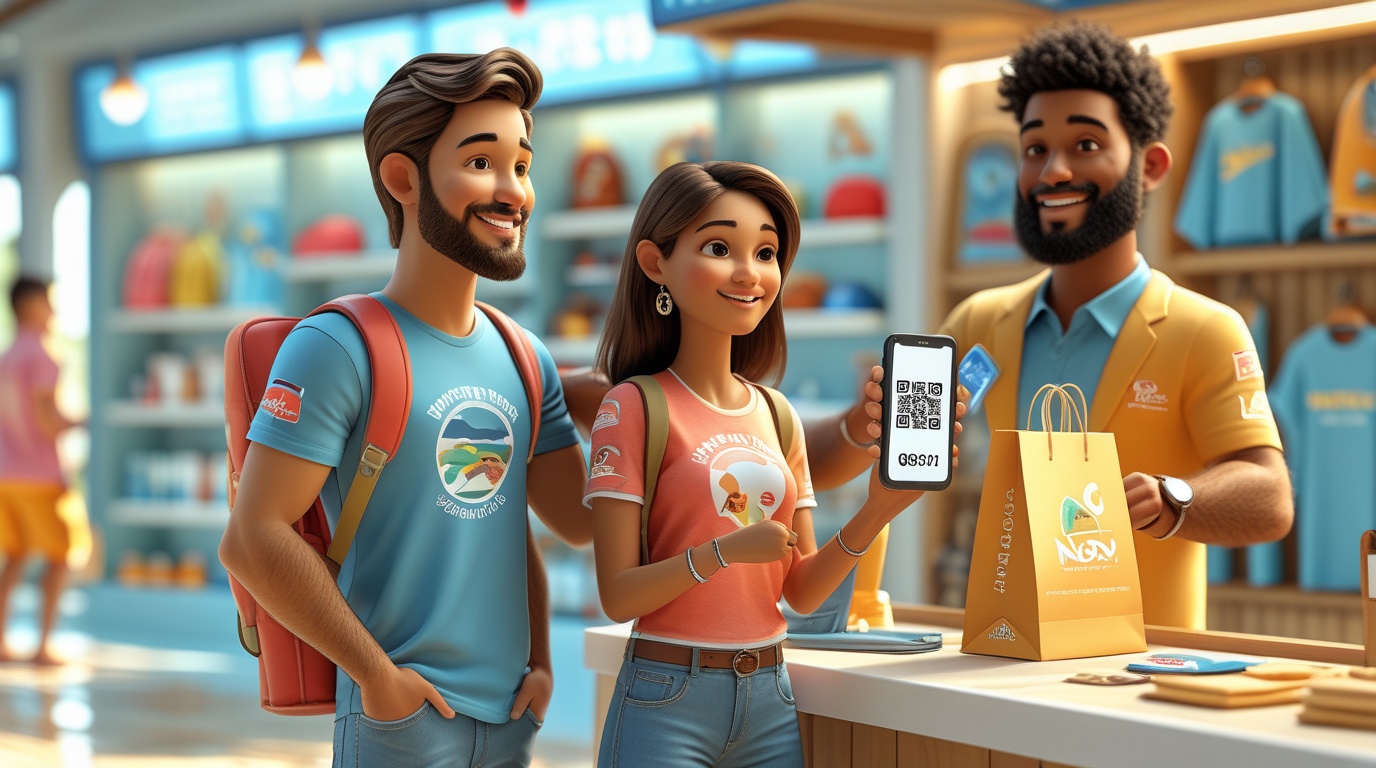 Familia explorando recuerdos y promociones de la tienda de souvenirs